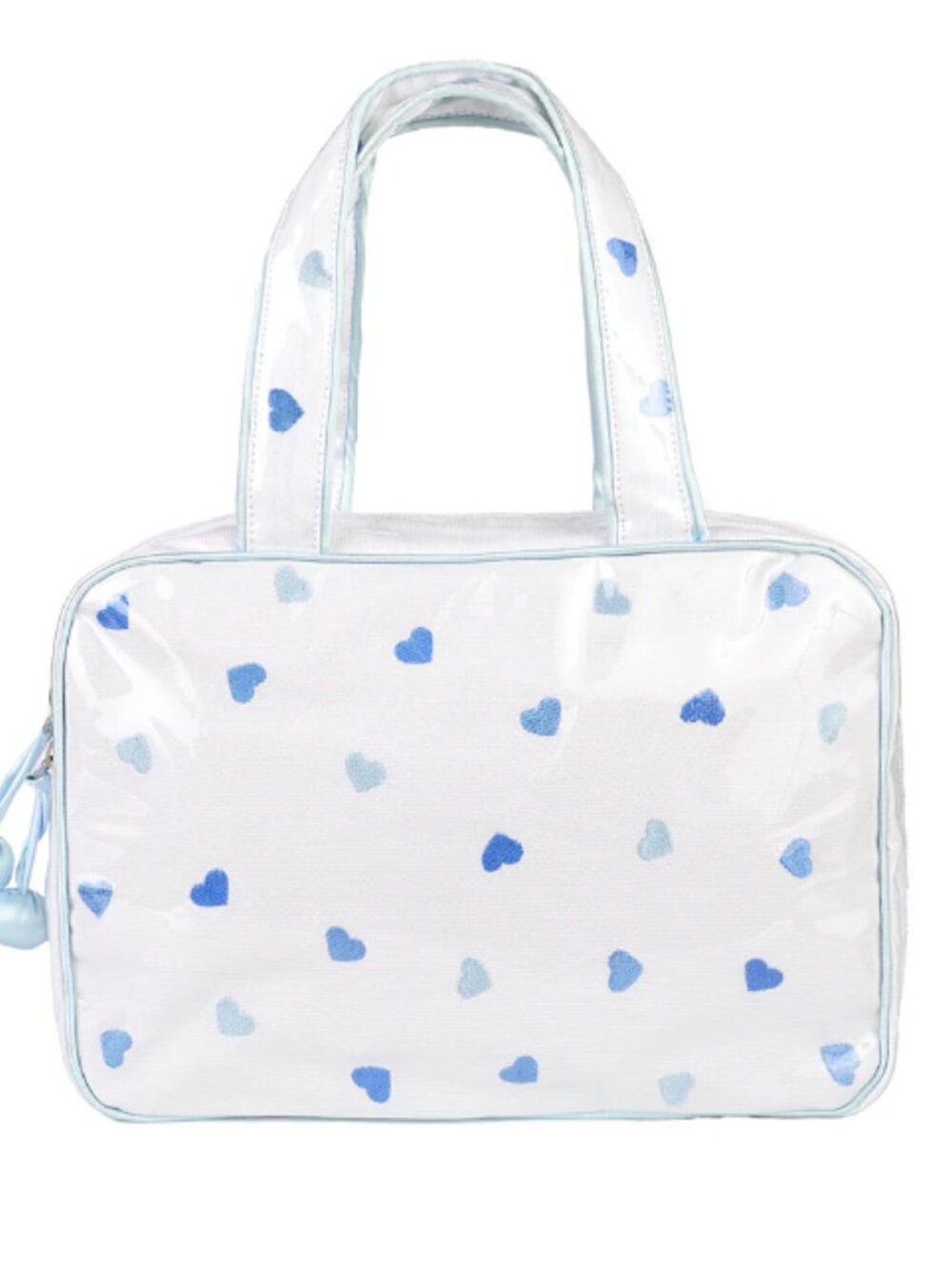 Lenora Hanging Cosmetic Bag in White with Blue Hearts